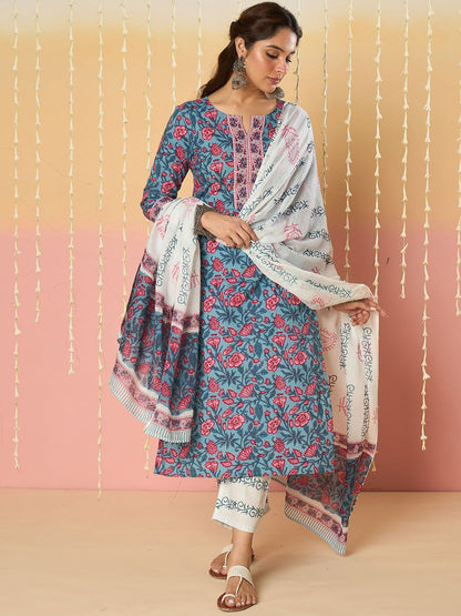 Dhiyona IE Floral Printed Notch Neck Pure Cotton Kurta With Trousers & Dupatta