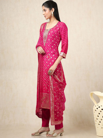Dhiyona SO Women's Bandhani Printed Notch Neck Organza Sequinned Kurta With Trousers And Dupatta