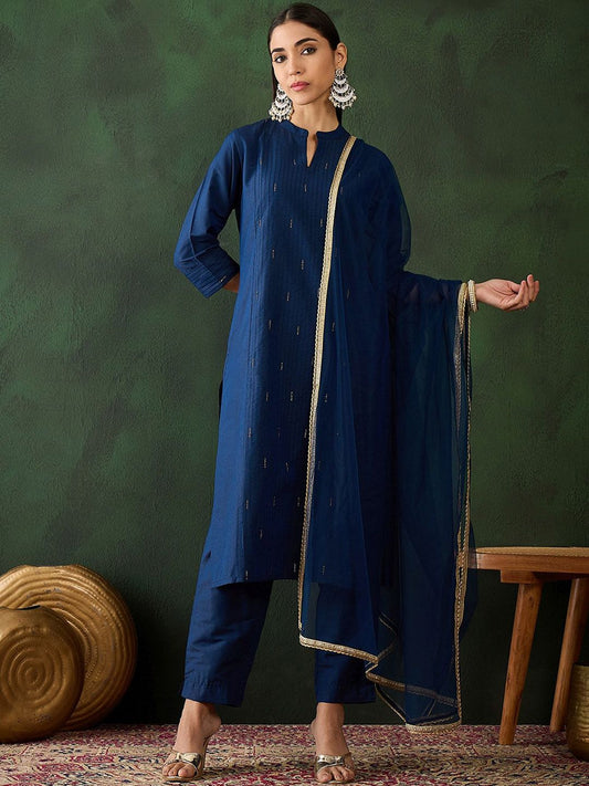 Dhiyona SN Women's Navy Blue Stripped Self Design Pintuck Pure Cotton Kurta & Trouser With Dupatta
