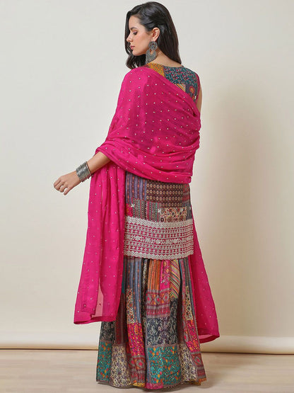 Dhiyona SO Women's Ethnic Motifs Printed Zardozi Straight Kurta & Sharara With Dupatta