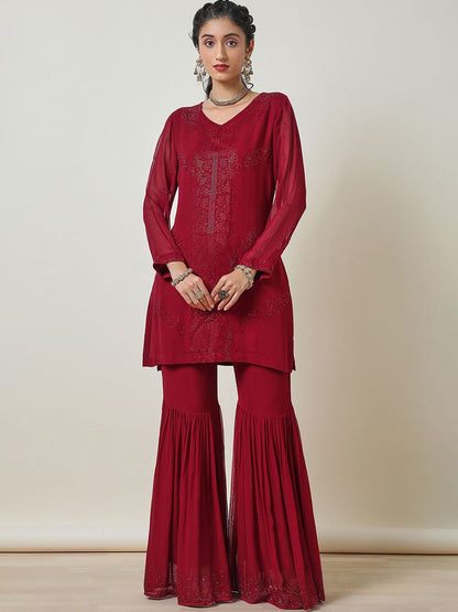 Dhiyona SO Women's Floral Embroidered Beads & Stones Straight Kurti with Sharara & Dupatta