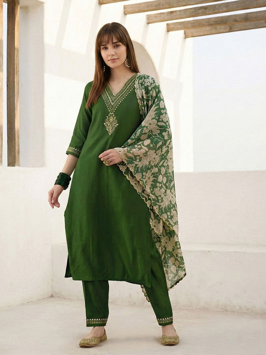 Dhiyona CH Women Floral Embroidered Regular Thread Work Kurta with Trousers & With Dupatta