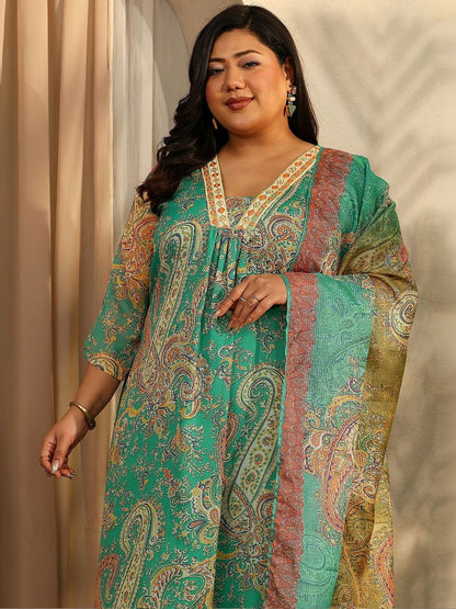 Dhiyona Women's Plus Size Paisley Printed Kurta with Trousers & With Dupatta
