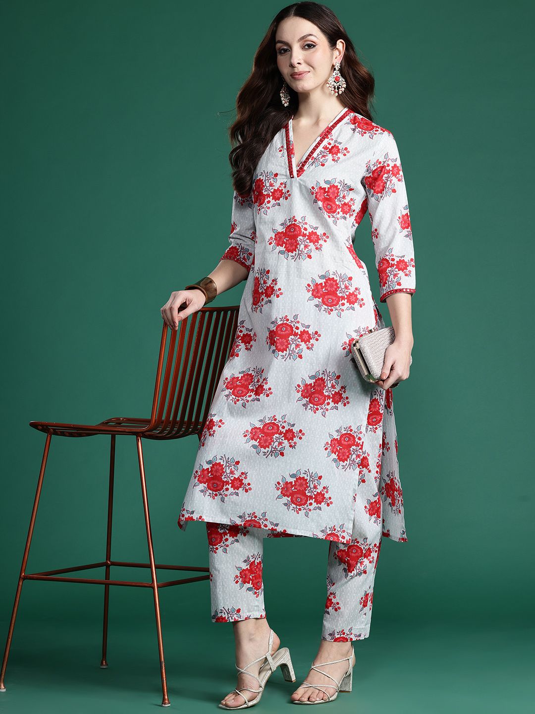 Floral Printed Mirror Work Pure Cotton Kurta with Trousers