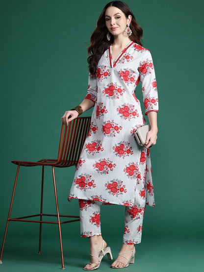 Floral Printed Mirror Work Pure Cotton Kurta with Trousers