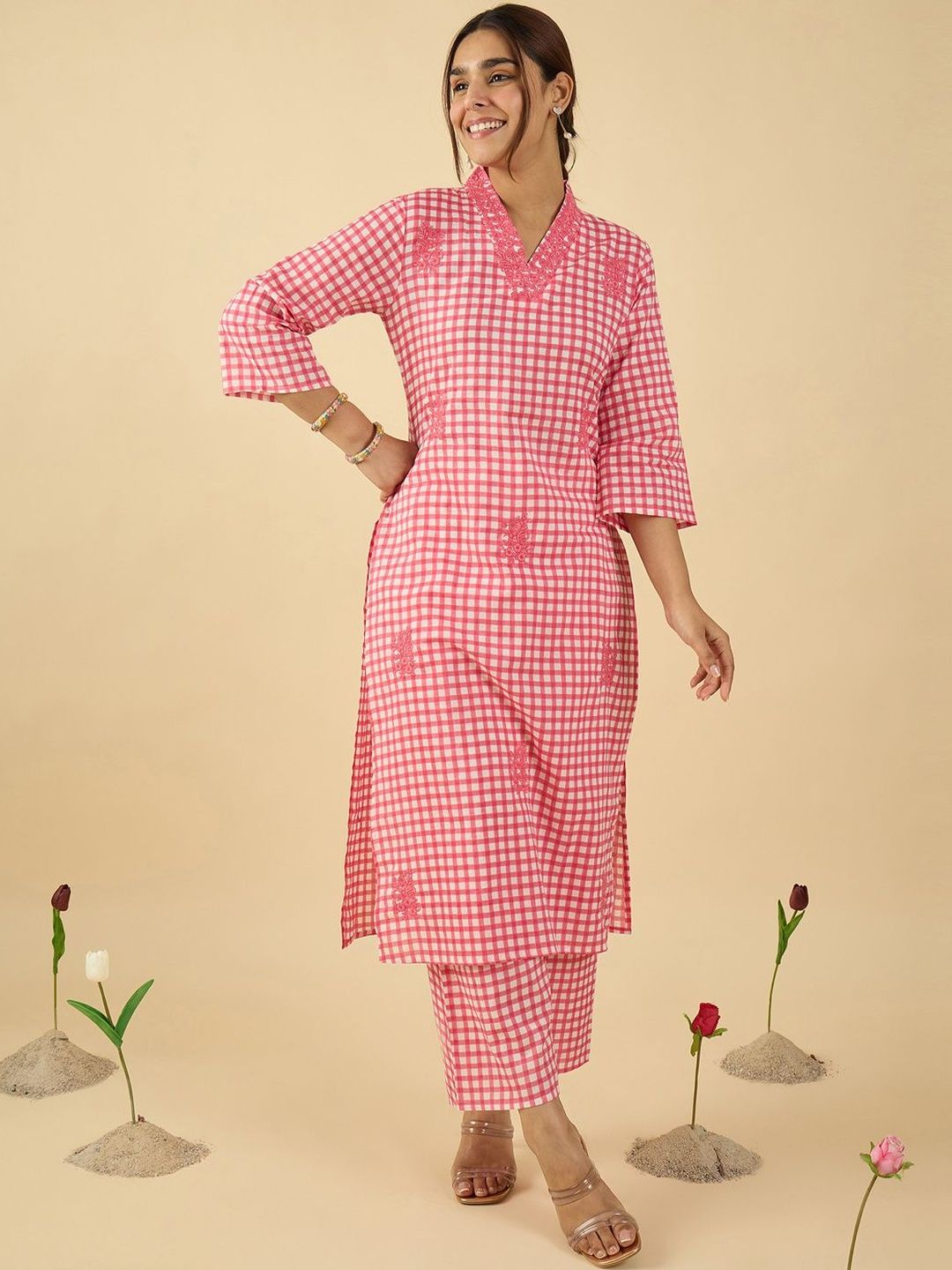 Women Regular Thread Work Pure Cotton Kurta with Trousers