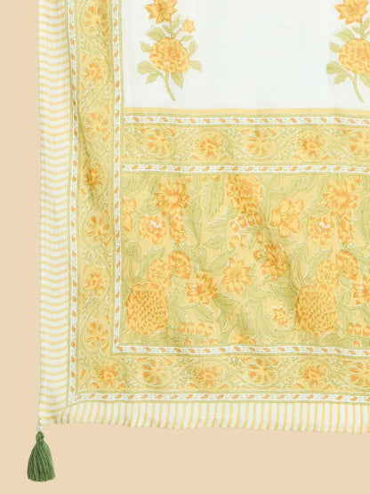 Dhiyona IE Women Floral Printed Pleated Pure Cotton Kurta with Trousers & Dupatta