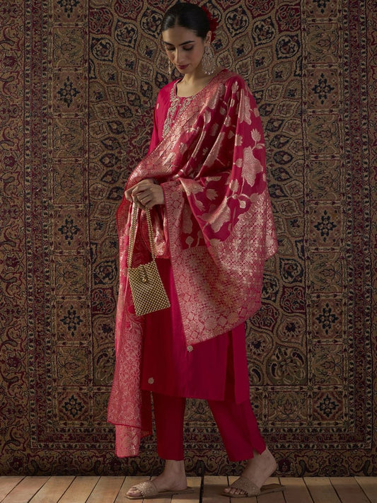 Floral Embroidered Thread Work Round Neck Straight Kurta With Trouser & Dupatta