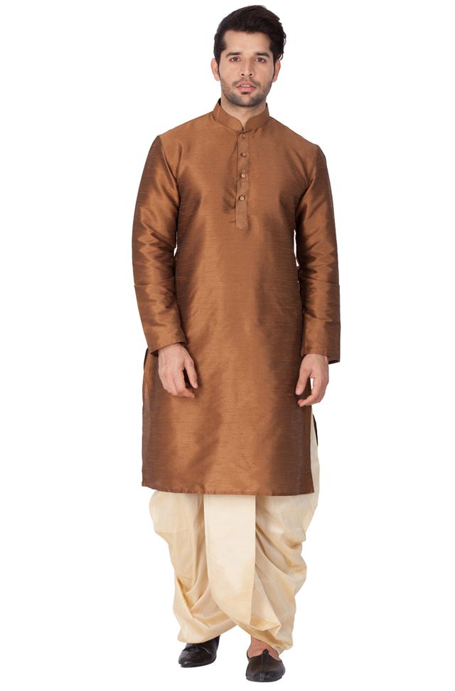 Men's Brown Silk Blend Straight Kurta and Dhoti Set