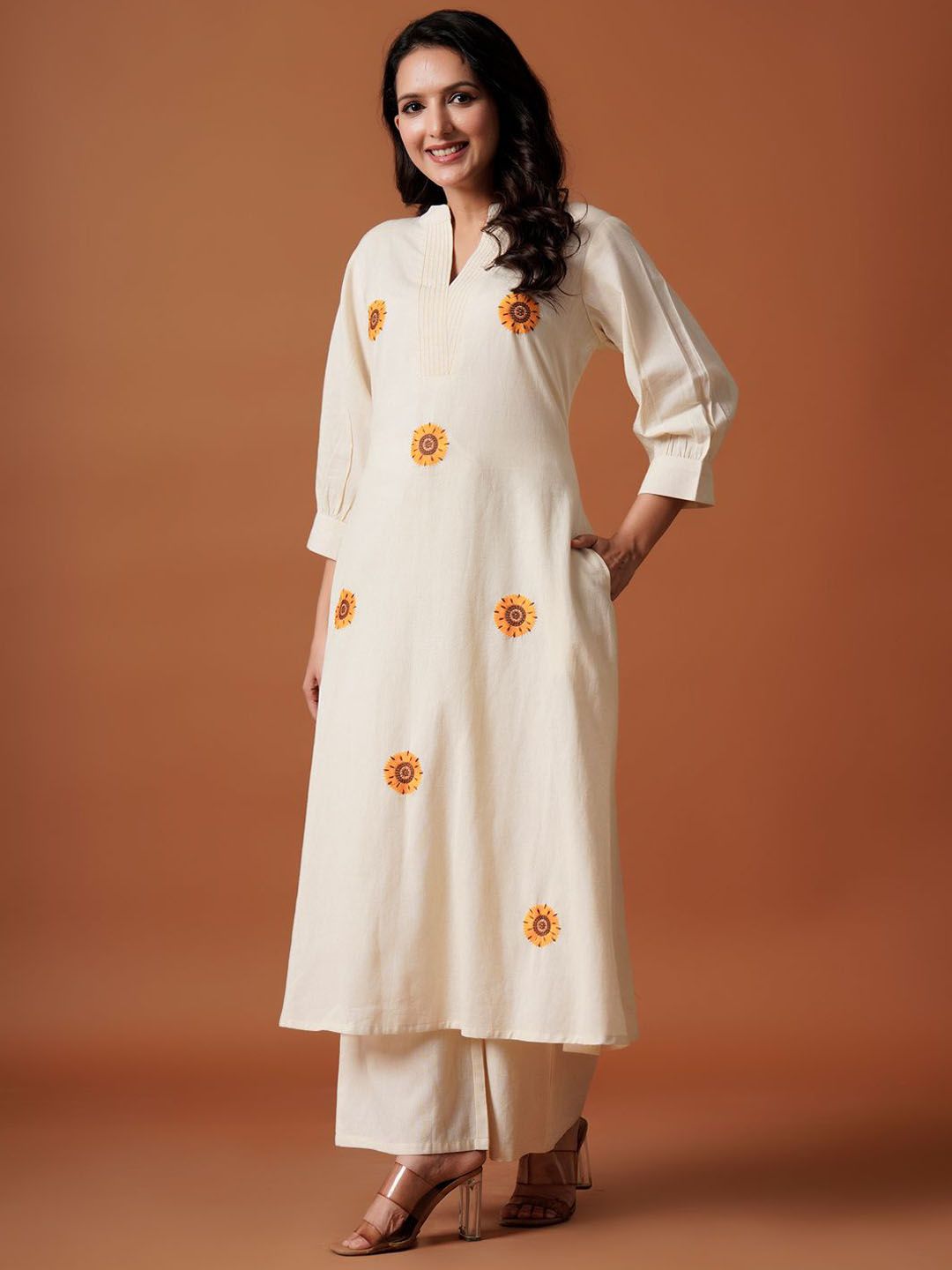 Dhiyona IE Embroidered Mandarin Collar Pure Cotton A-Line Top With Trousers