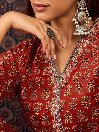 Dhiyona IE Women's Women Ethnic Motifs Printed Straight Pure Cotton Kurta with Trouser