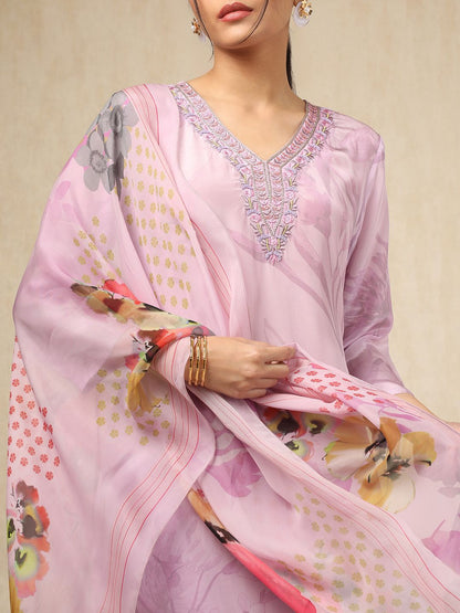 Dhiyona SO Women's Floral Printed V Neck Thread Work Silk Crepe Kurta With Trousers & Dupatta