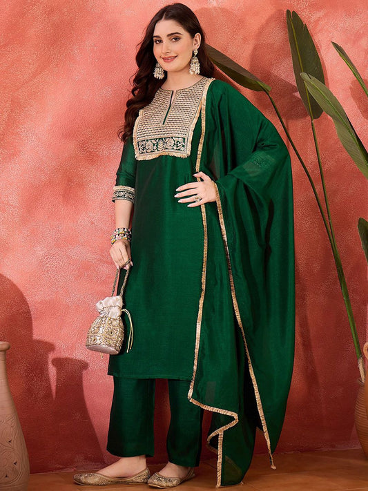 Dhiyona SN Women's Zari & Sequin Cording Embroidered Straight Kurta & Trousers With Dupatta