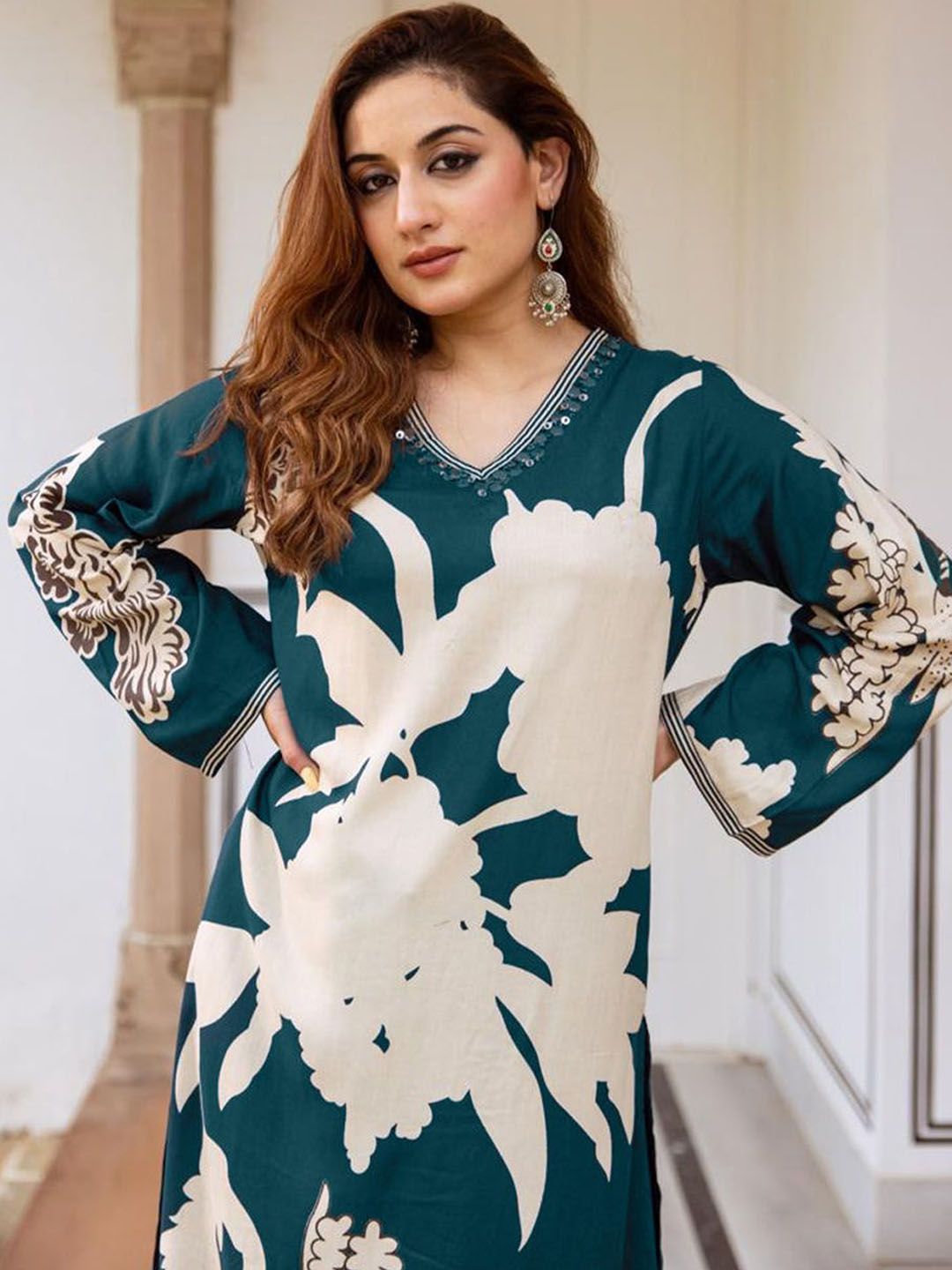 Floral Printed Sequinned A-Line Kurta With Salwar