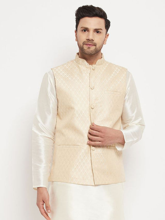 Men's Cream Silk Blend Straight Nehru Jacket