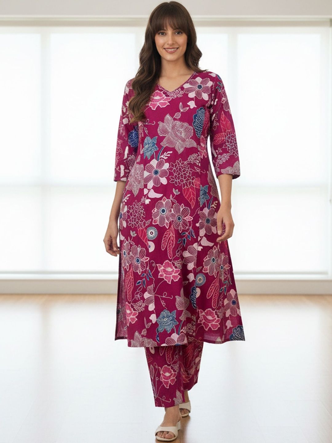 Floral Printed V-Neck Pure Cotton A-Line Kurta With Trouser