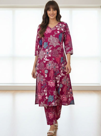 Floral Printed V-Neck Pure Cotton A-Line Kurta With Trouser