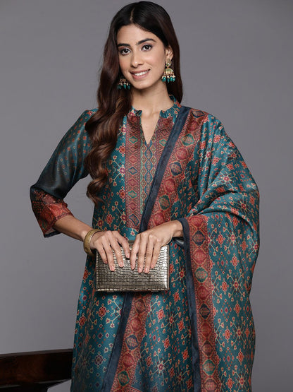 Dhiyona VA Women'sFloral Printed Mandarin Collar Chanderi Silk Kurta With Trousers & Dupatta