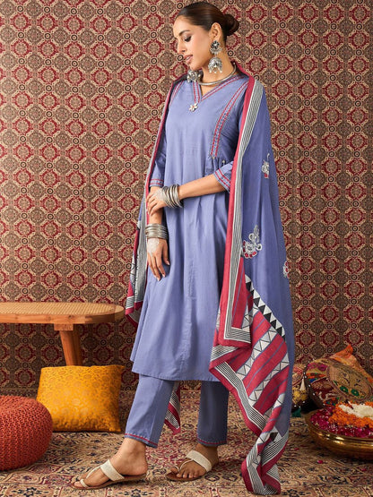 Women Solid Cotton A-Line Kurta with Trousers & Dupatta