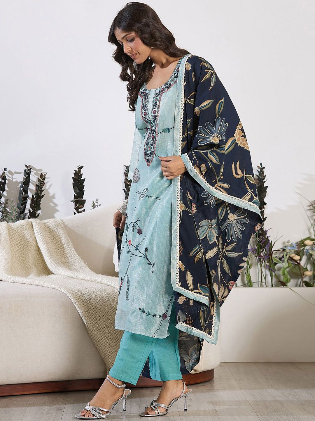 Dhiyona IE Floral Embroidered Thread Work Pure Cotton Kurta with Trouser & Dupatta