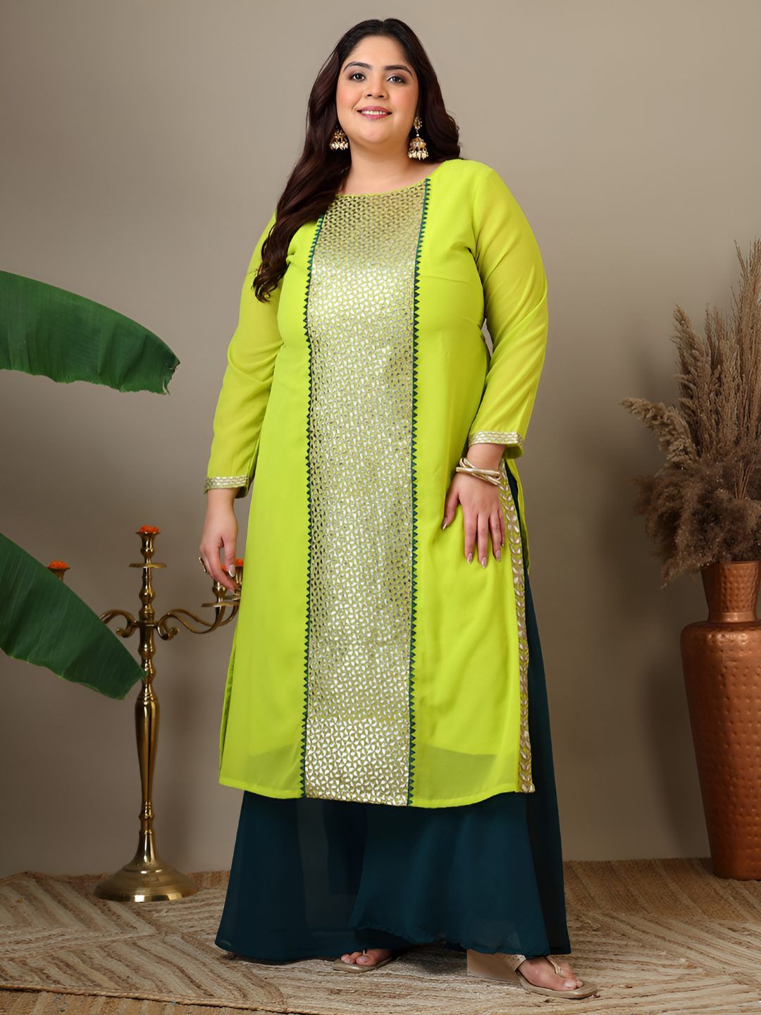 Dhiyona IN Women Plus Size Geometric Foil and Zari Embroidered Kurta Set with Dupatta