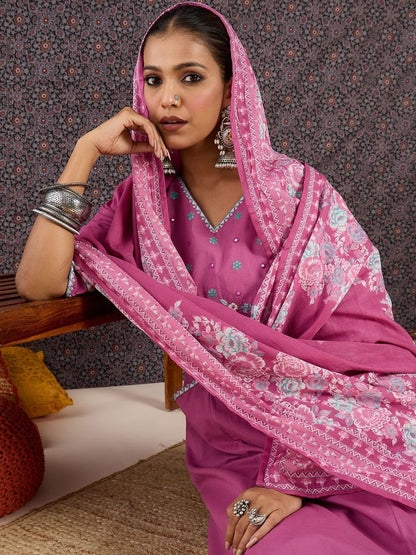 Women Floral Embroidered Panelled Thread Work Pure Cotton Kurta with Trousers & With Dupatta