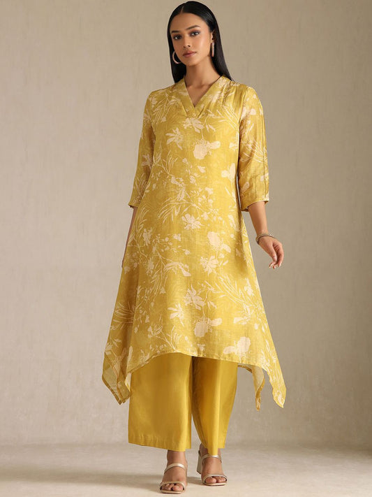 Dhiyona SO Women's Floral Printed Linen A-Line Kurta with Palazzo