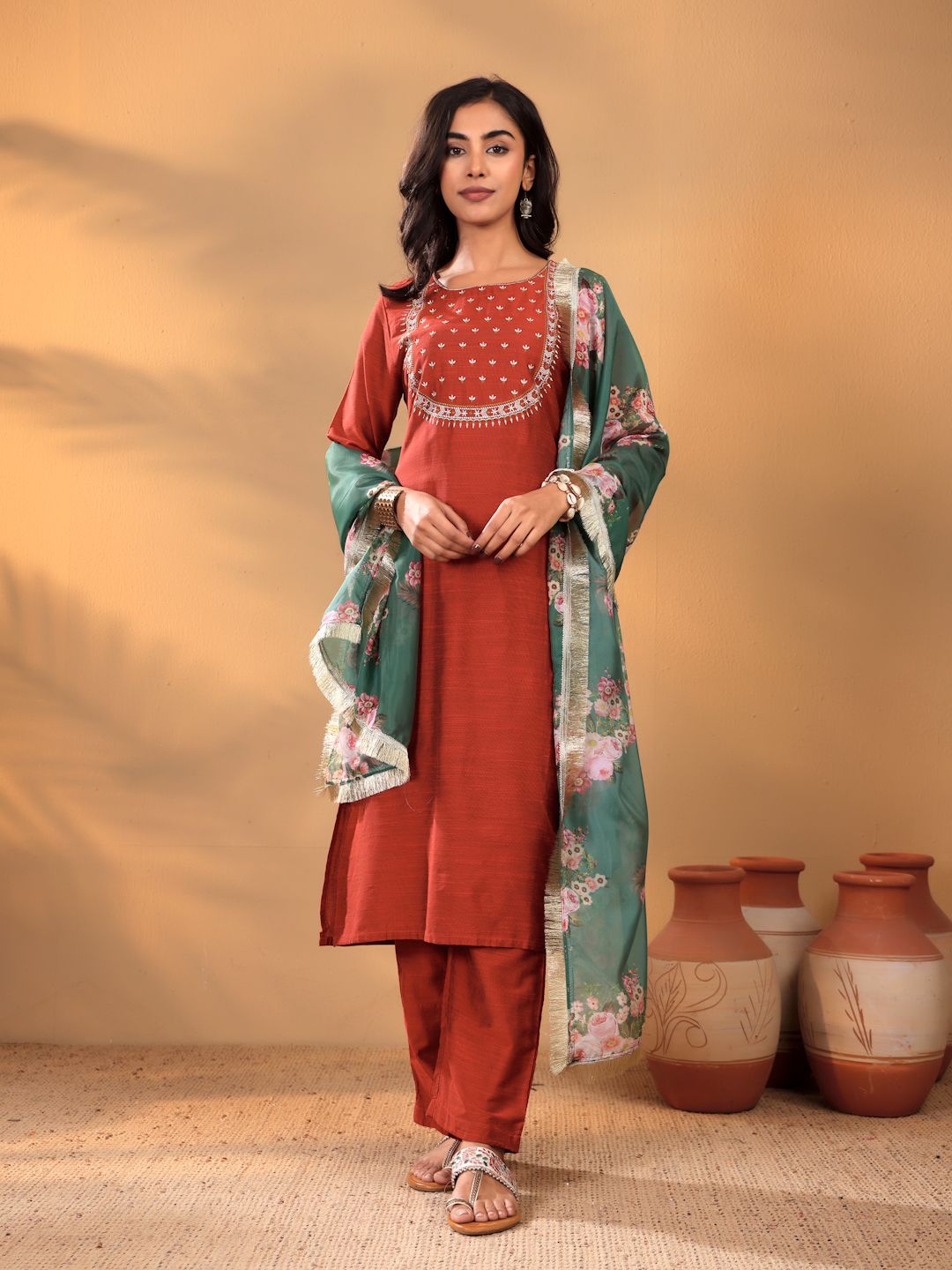 Dhiyona VA Women'sMaroon Floral Yoke Design Thread Work Straight Kurta With Trousers & Dupatta