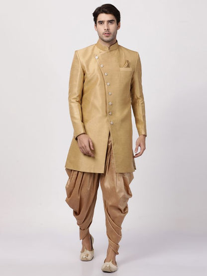 Men's Beige Silk Blend Straight Sherwani Set