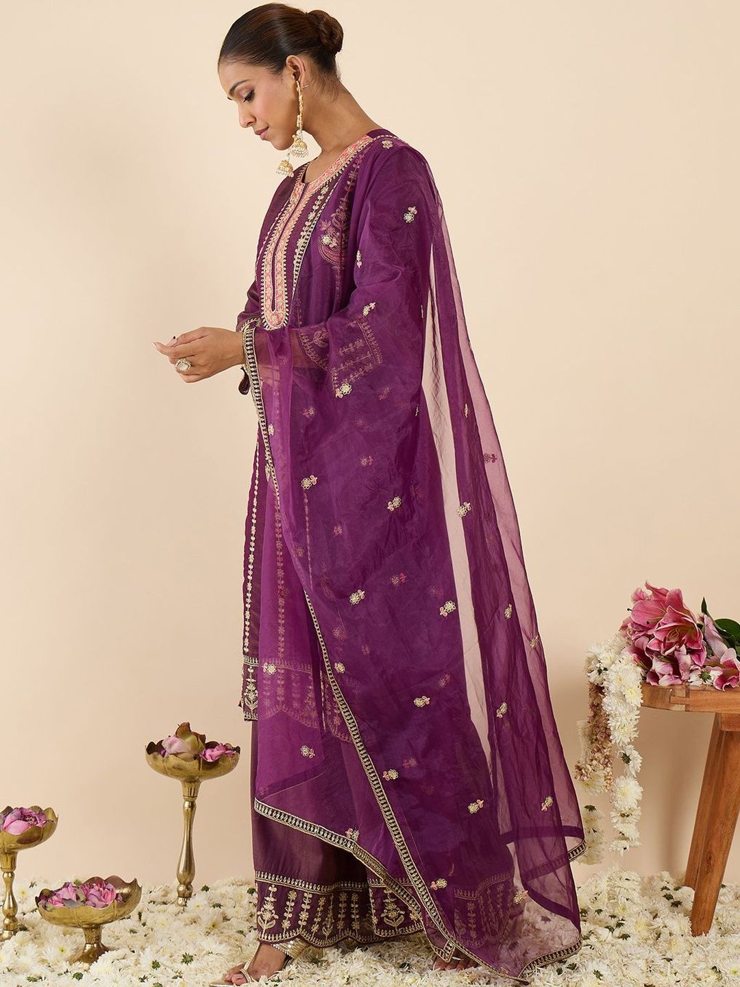 Women Ethnic Motifs Embroidered Regular Kurta with Palazzos & With Dupatta