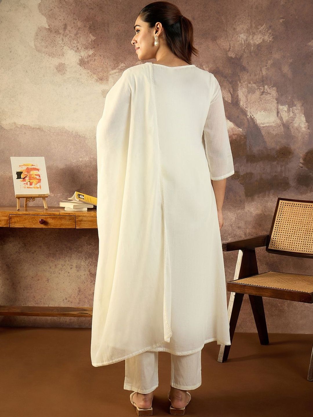 Women Solid Cotton A-Line Kurta with Trousers & Dupatta