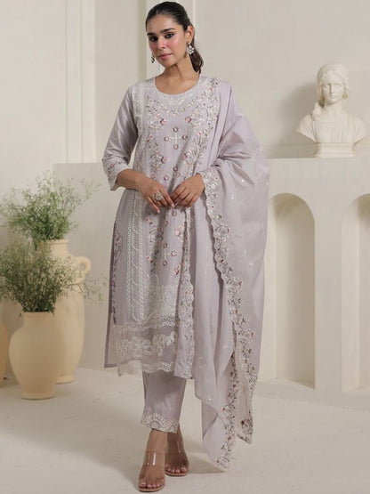 Women Floral Embroidered Regular Thread Work Pure Cotton Kurta with Trousers & With Dupatta