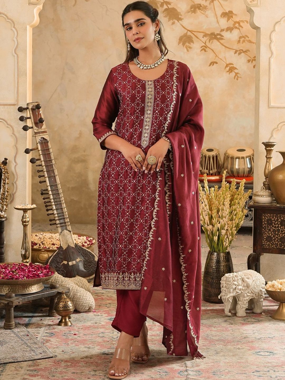 Dhiyona IE Women Ethnic Motifs Embroidered Thread Work Kurta with Trousers & Dupatta