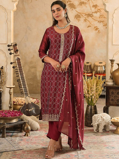 Women Ethnic Motifs Embroidered Thread Work Kurta with Trousers & Dupatta