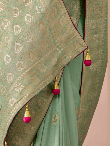 Dhiyona KM Women Sea Green Dola Silk Saree With Red Golden Embroidered Blouse