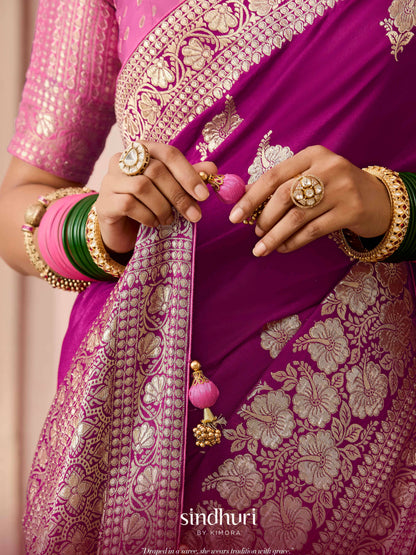 Dhiyona KM Women Purple Dola Silk Saree With Pink Golden Embroidered Blouse