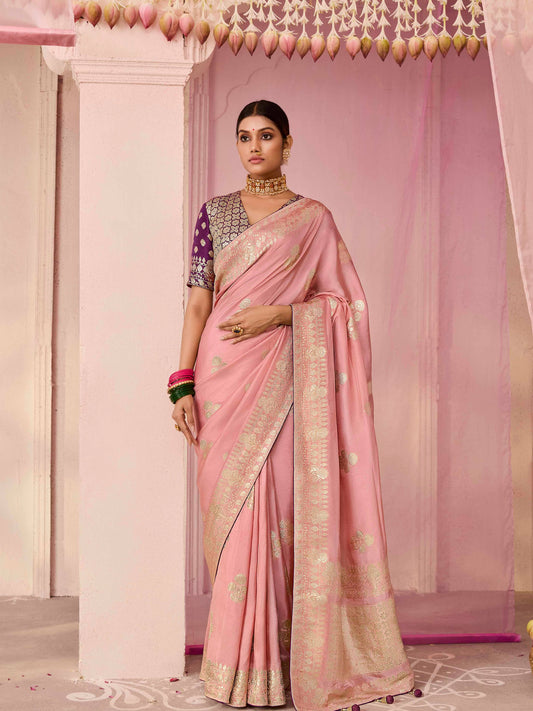 Dhiyona KM Women Peach Dola Silk Saree With Wine Golden Embroidered Blouse