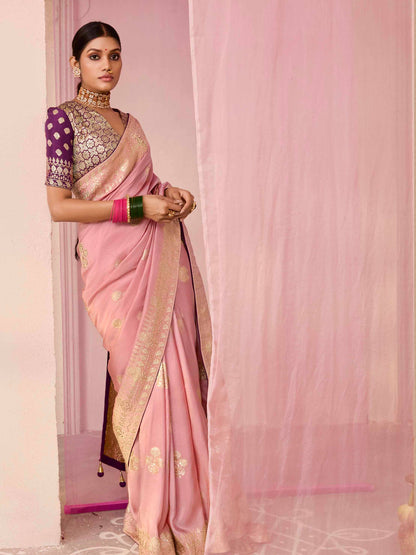 Dhiyona KM Women Peach Dola Silk Saree With Wine Golden Embroidered Blouse