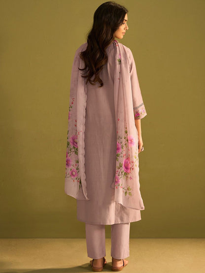 Floral Embroidered Straight Thread Work Kurta With Trousers And Dupatta