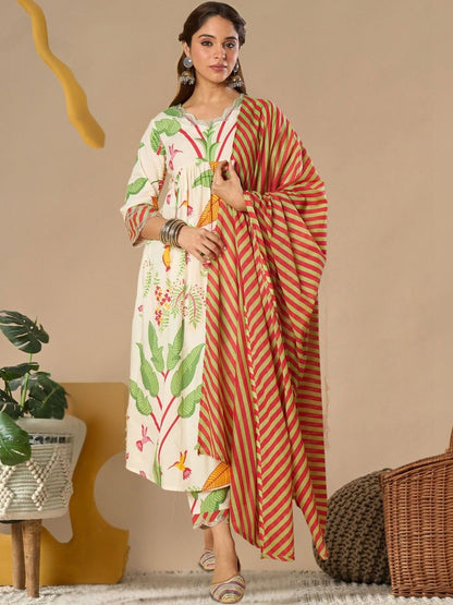 Women Floral Printed Panelled Pure Cotton Kurta with Trousers & With Dupatta