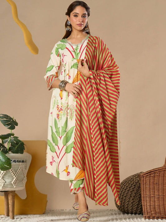 Women Floral Printed Panelled Pure Cotton Kurta with Trousers & With Dupatta