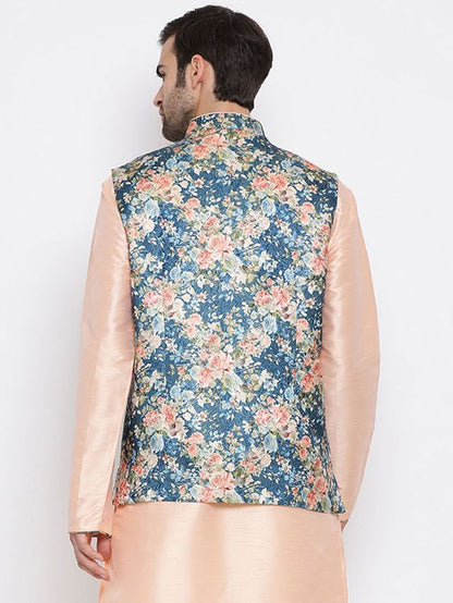 Men's Peach Cotton Silk Straight Jacket  Kurta and Pyjama Set