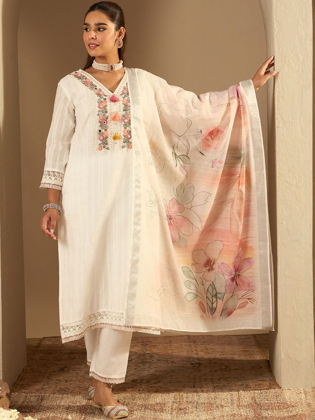 Dhiyona IE Floral Embroidered Regular Mirror Work Pure Cotton Kurta With Trousers & Dupatta