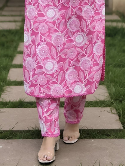 Dhiyona IE Women's Women Floral Printed Straight Pure Cotton Kurta with Trousers
