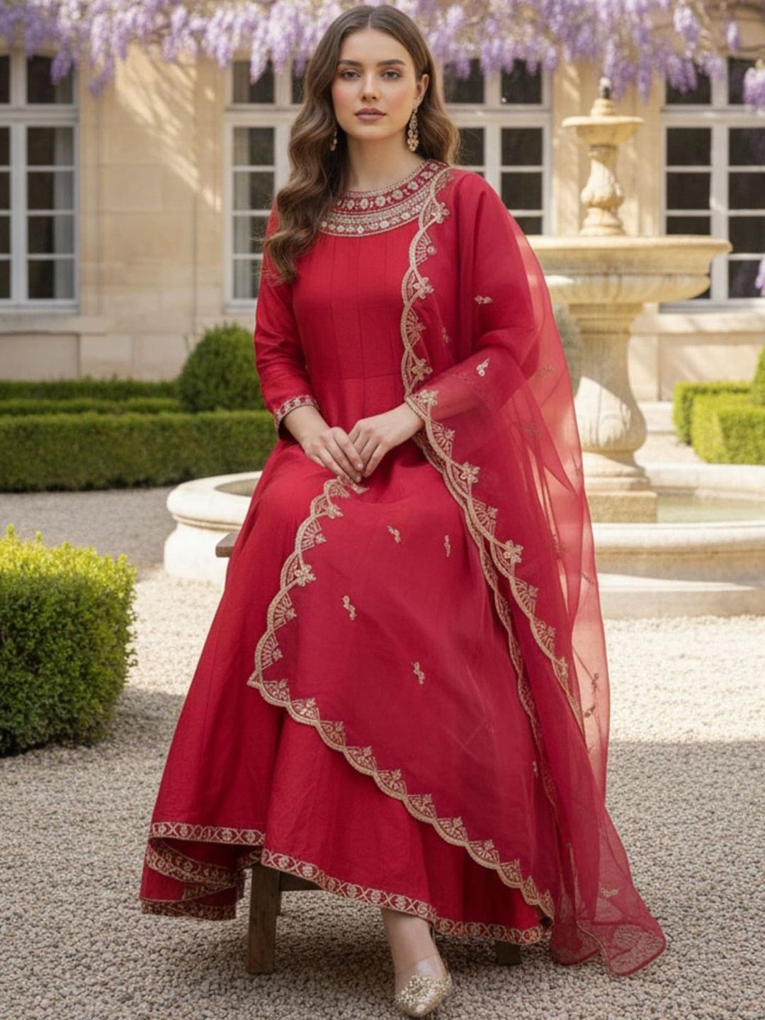 Floral Embroidered Zari Work Panelled Anarkali Kurta With Trouser & Dupatta