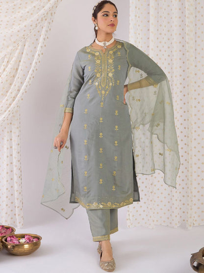 Floral Embroidered Zari Straight Kurta with Trousers & With Dupatta