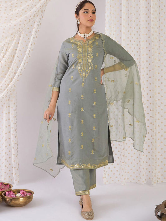 Floral Embroidered Zari Straight Kurta with Trousers & With Dupatta