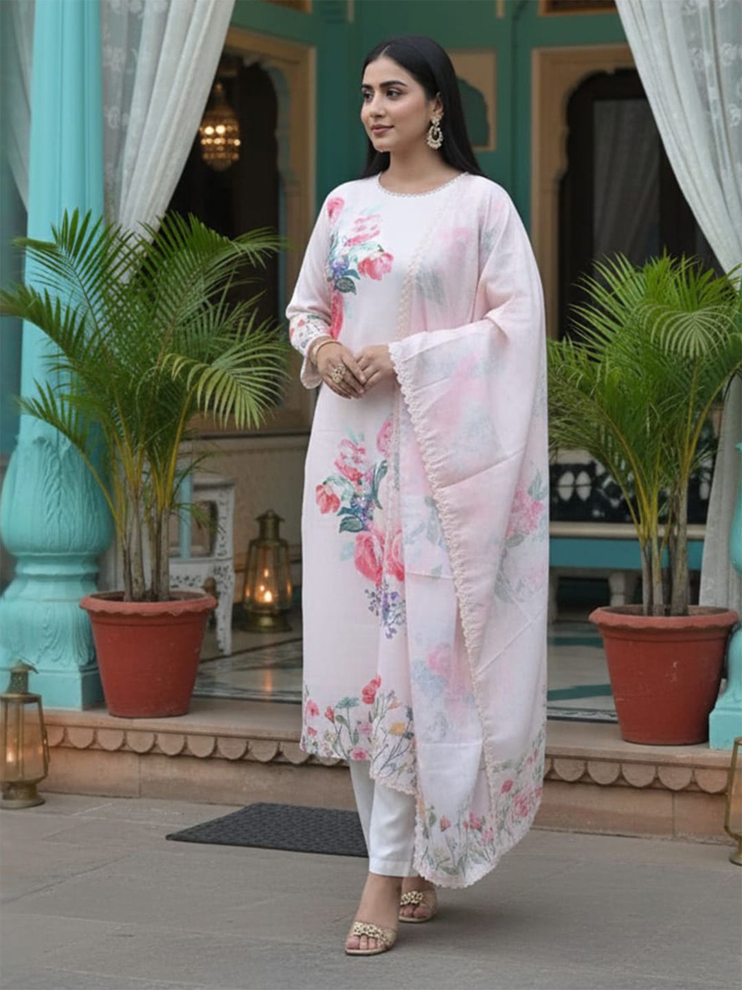 Floral Printed Linen Straight Kurta With Trousers & Dupatta