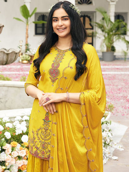 Dhiyona CH Embroidered Round Neck Chinon Sequinned Kurta With Palazzos & Dupatta