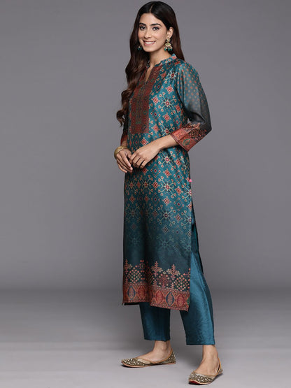 Dhiyona VA Women'sFloral Printed Mandarin Collar Chanderi Silk Kurta With Trousers & Dupatta